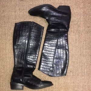 Black Croc-Embossed Knee-High Boots